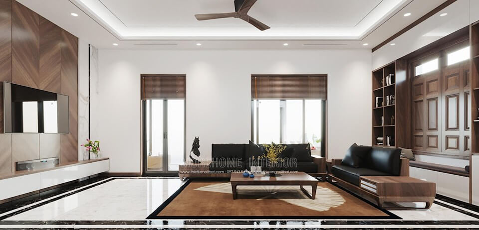Thiết kế phòng khách gỗ óc chó cao cấp sang trọng cho biệt thự hiện đại tại Đông Anh Hà Nội Mẫu nội thất biệt thự đẹp