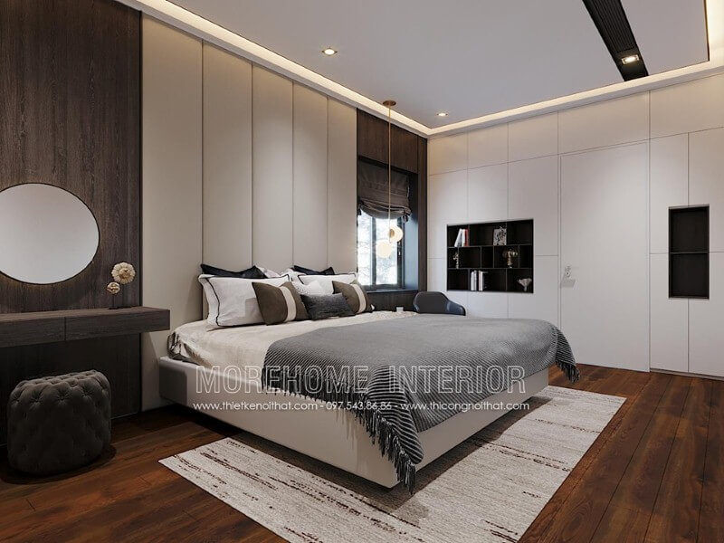 Thảm trải sàn trắng vân sọc lớt phớt tạo nên vẻ đẹp mới lạ độc đáo cho phòng ngủ hiện đại. Mẫu nội thất biệt thự đẹp