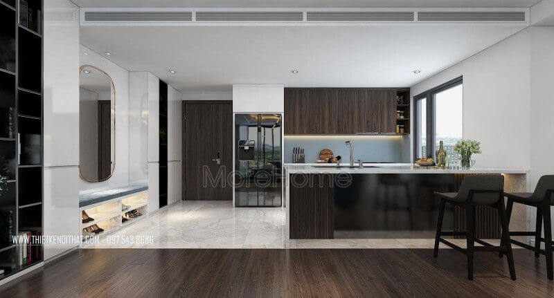 Thiết kế nội thất không gian phòng bếp đa năng với mẫu tủ bếp gỗ công nghiệp tinh tế. Tủ bếp gỗ, tủ bếp gỗ tự nhiên, tủ bếp tân cổ điển