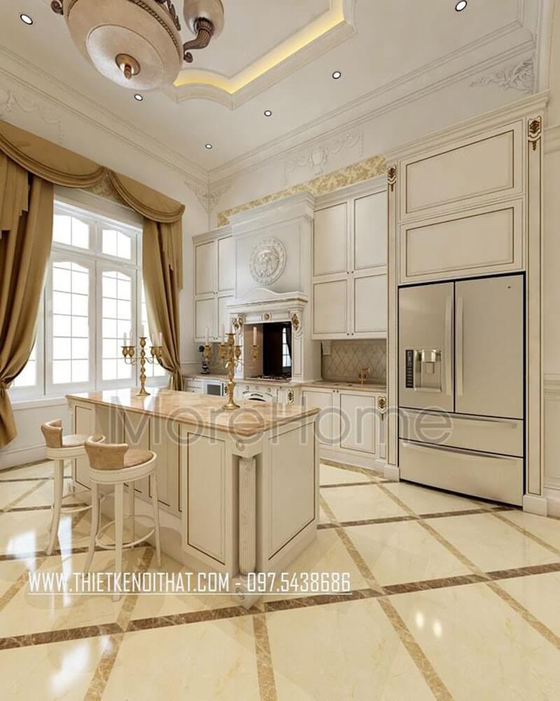 Mẫu tủ bếp gỗ tân cổ điển màu trắng cùng với thiết bị bếp hiện đại, sang trọng cho phòng bếp Tủ bếp gỗ, tủ bếp gỗ tự nhiên, tủ bếp tân cổ điển