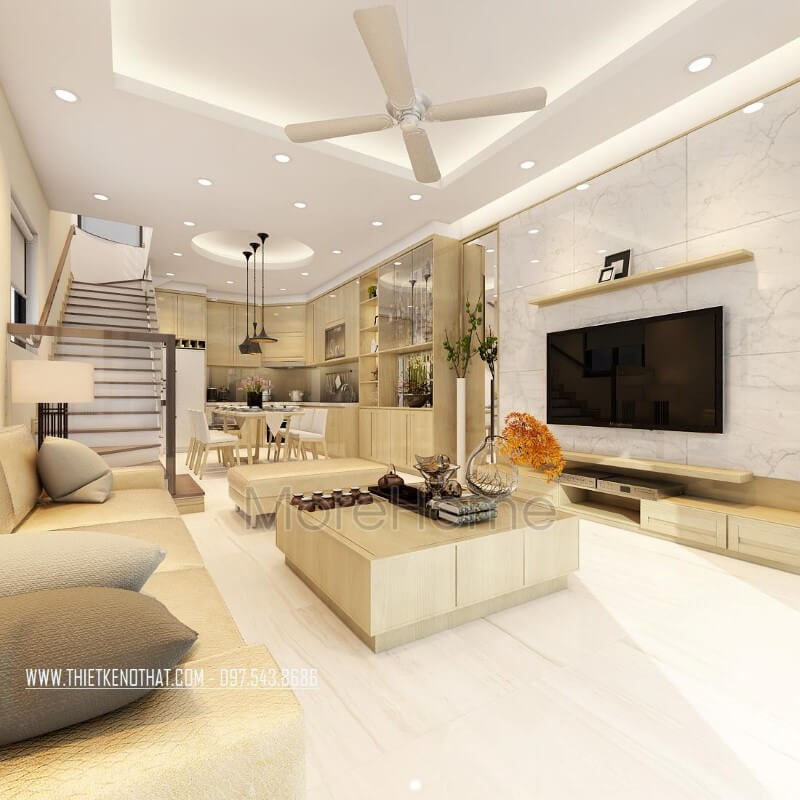 Nội thất phòng khách với tông màu pastel nhẹ nhàng từ gỗ tạo cảm giác dễ chịu và sự tinh tế trong không gian phòng được thoáng rộng hơn.