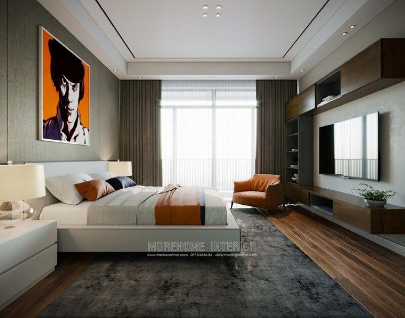 Thiết kế nội thất phòng ngủ ấn tượng với hệ cửa lớn cùng rèm 2 lớp vừa tận dụng tối đa ánh sáng tự nhiên nhưng vẫn giúp căn phòng chống lại sức nóng oi ả ngày hè hiệu quả.