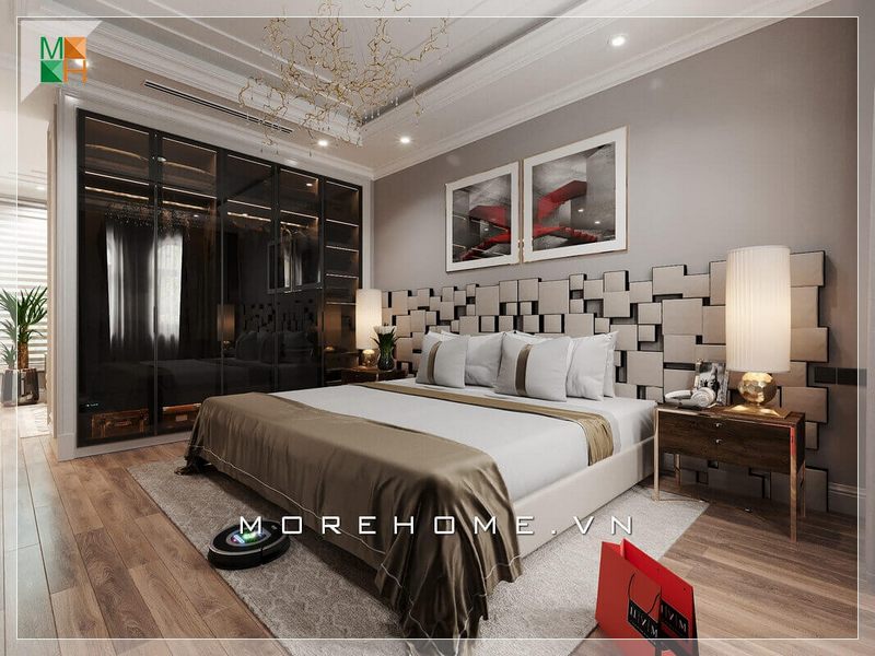 Xen lẫn giữa căn phòng ngủ hiện đại là chiếc tủ quần áo âm tường cánh kính màu đen sang trọng, hiện đại.