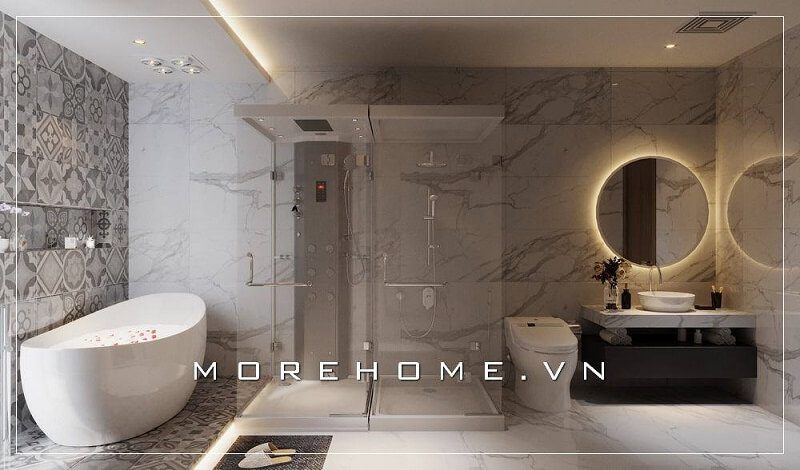 Mẫu thiết kế phòng tắm nhà biệt thự đẹp với nội thất kết hợp thiết bị vệ sinh cao cấp, sử dụng đá tự nhiên vân mây ốp tường cuốn hút mọi ánh nhìn